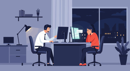 Fototapeta premium Overtime Work: Employees working late at night in an office, city view
