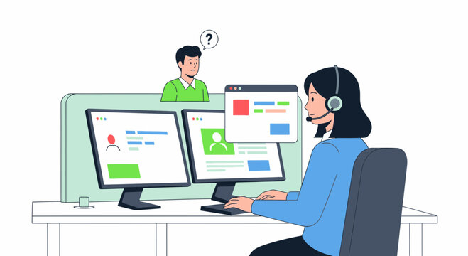 Customer service specialist helping client with headset and monitors