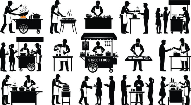 Street food vendors chefs cooking and customers eating at stalls silhouette vector set