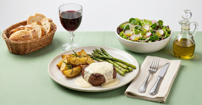 Gourmet Marrare steak with white sauce, rustic potatoes, asparagus, accompanied by a fresh salad and red wine at a beautifully set table.