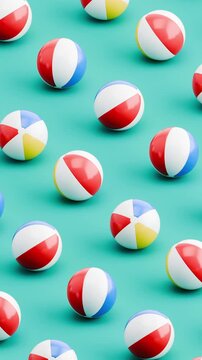 3D Animation of Beach Balls Rolling on Blue Background, Seamless Vertical Pattern Loop