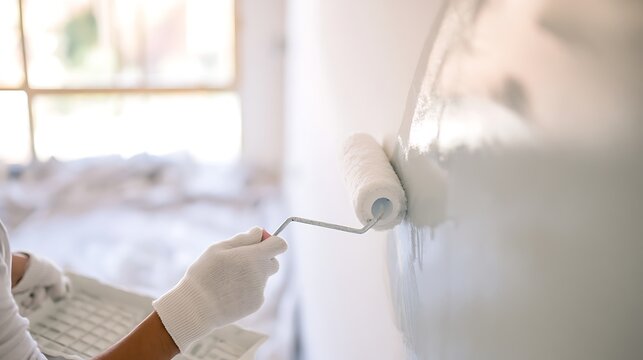 Extreme close-up of a painter's hands wearing clean white cotton gloves