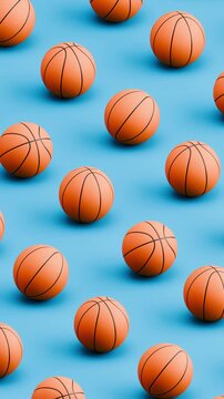 3D Animation of Basketball Balls Rolling on Blue Background, Seamless Vertical Pattern Loop