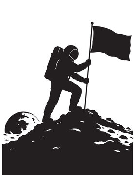 Astronaut planting flag on moon, space exploration vector silhouette, cosmic achievement and discovery, lunar mission success graphic