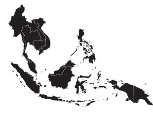 Southeast Asia political map, a detailed black silhouette vector illustration of the region, perfect for educational and geographical projects, featuring distinct country borders. © Prodeep