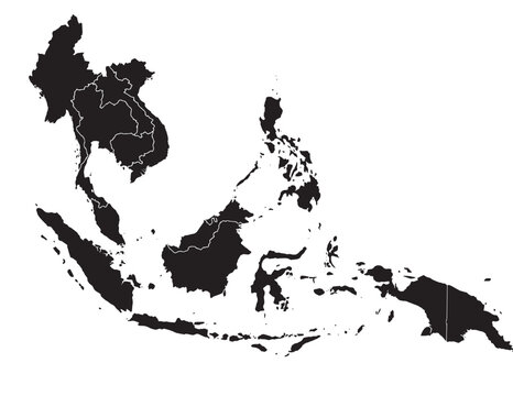 Southeast Asia political map, a detailed black silhouette vector illustration of the region, perfect for educational and geographical projects, featuring distinct country borders.
