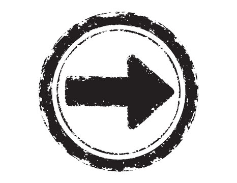Grungy black arrow icon, distressed textured right-pointing direction symbol. Imperfect, hand-drawn vector graphic for navigation and progress.