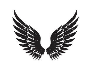 Fototapeta premium Distressed black angel wings vector illustration, grunge bird feathers graphic, stylized freedom and flight symbol, vintage tattoo design element, isolated on white background