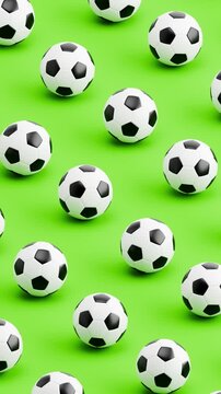 3D Animation of Soccer Balls Rolling on Green Background, Seamless Vertical Pattern Loop
