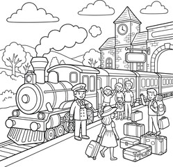 Fototapeta premium Black and white vintage of a train station with passengers and luggage vintage train station suitcases