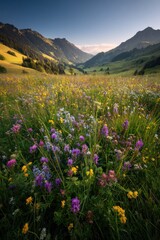 Fototapeta premium Swiss alpine meadow filled with colorful wildflowers under clear sky