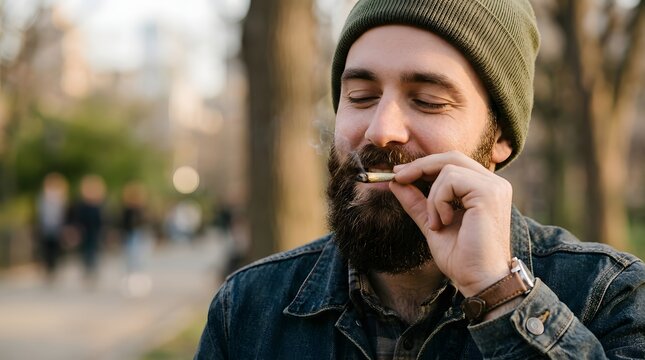 Bearded man smoking cannabis joint in outdoor park. Relaxed guy resting with marijuana cigarette. Recreational drug use, lifestyle scene of happy hipster resting during leisure time.