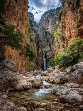 Dramatic waterfall cascading through steep gorge in Crete, Greece