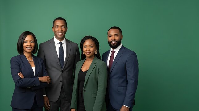 Four African American business professionals standing together in office attire. Diverse team of corporate employees posing for portrait on green background. Success and collaboration concept.