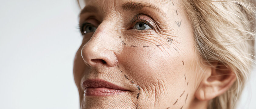 Close-up of a mature woman's face with surgical markings. Plastic surgery, anti-aging cosmetic procedure and facelift concept.