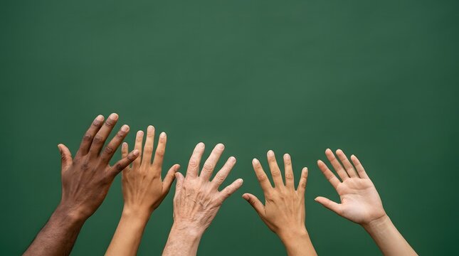 People raising hand against green background. Diverse group of woman and man reach up for unity and equality. Concept of teamwork, inclusion, community, communication and support.