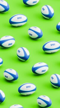 3D Animation of Generic Rugby Balls Rolling on Green Background, Seamless Vertical Pattern Loop