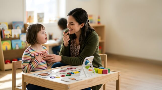 Woman speech therapist working with a young girl with down syndrome in a classroom. Professional helping child with speech development using educational cards and mirror for articulation.