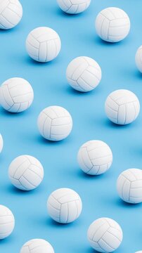 3D Animation of Generic Volleyball Balls Rolling on Blue Background, Seamless Vertical Pattern Loop