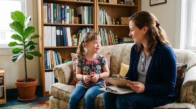 Woman therapist talking with young girl with Down syndrome in office. Child having development session with psychologist. Supportive environment for disability, education and therapy.