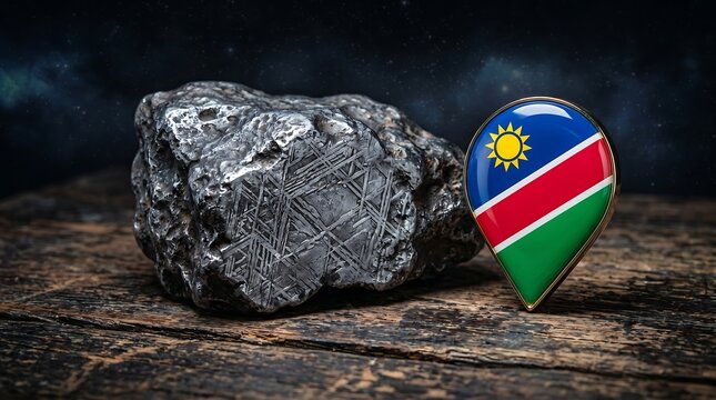 Rare metallic meteorite rock specimen displayed on antique timber surface next to Namibia flag map location pin indicating site of discovery