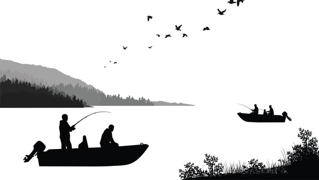 Fishermen in motorboats fishing on a scenic mountain lake silhouette vector illustration.