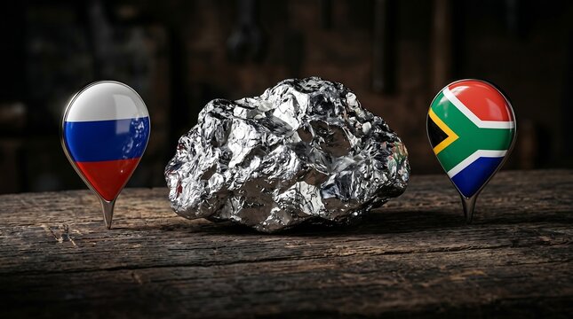 Shiny platinum nugget ore piece positioned between Russia and South Africa flag map location pins on rough dark wood background conceptual shot