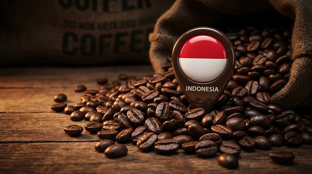 Pile of organic roasted coffee beans spilling from burlap sack beside Indonesia flag map location pin on dark wooden surface for coffee origin