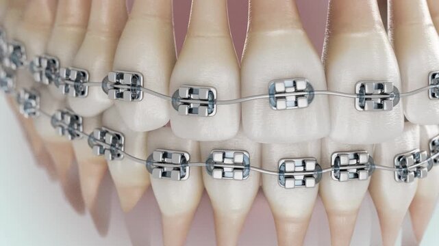 3D dental animation demonstrating how braces correct tooth alignment. Realistic orthodontic visualization suitable for healthcare and educational content.