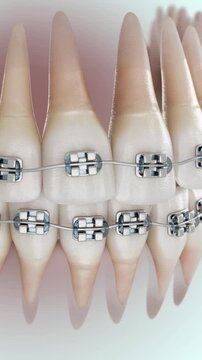 3D dental animation demonstrating how braces correct tooth alignment. Realistic orthodontic visualization suitable for healthcare and educational content.