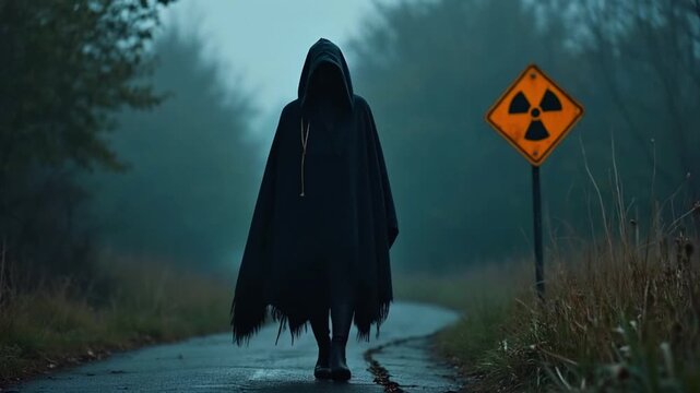 Hooded figure walking past radiation warning sign