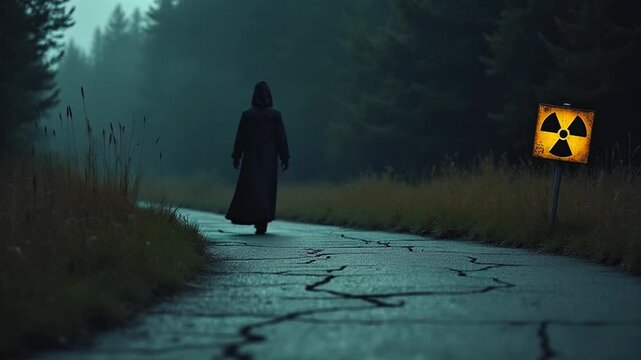 Hooded figure walking past radioactive hazard sign