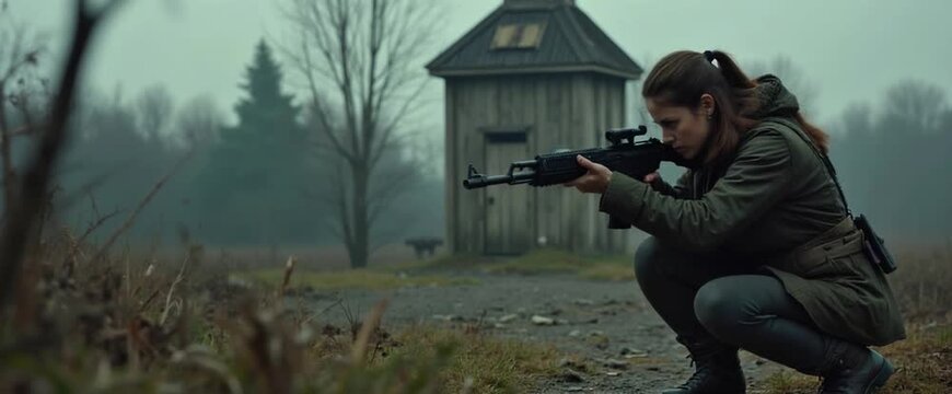 Woman crouching outdoors holding tactical rifle