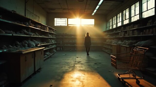 Woman walking through abandoned warehouse aisle