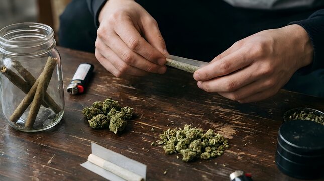 Man rolling marijuana cigarette. Hands preparing herbal joint with cannabis bud on wooden table. Hemp usage, chronic medicine, medical marijuana plant, drug preparation, addiction concept.