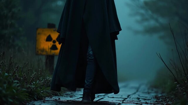 Hooded figure walking past glowing radiation sign