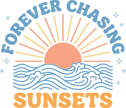 Vibrant illustration of a sunset over ocean waves with inspirational quote