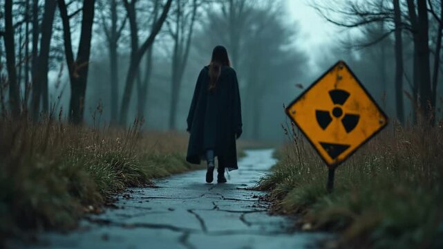 Person in cloak walking past radioactive warning