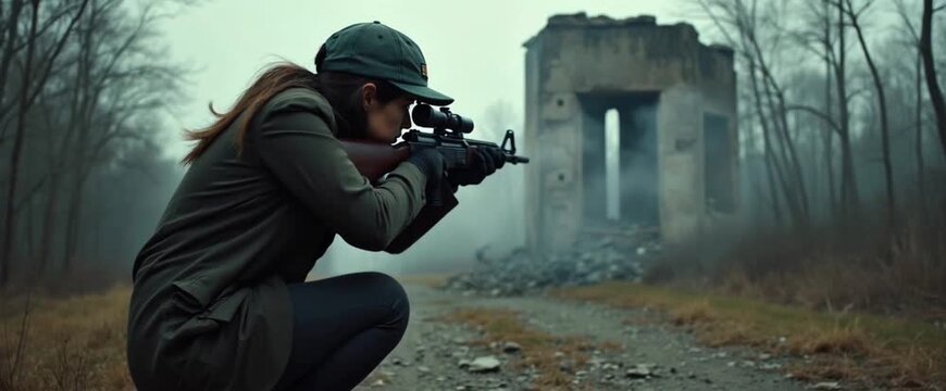 Woman aiming rifle at ruined building in mist