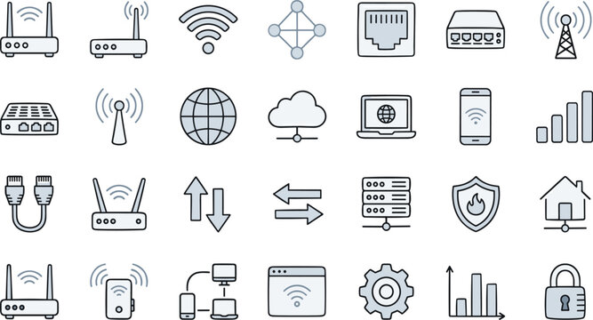 Network Hardware And Wireless Internet Icons Set Featuring Routers Lan Cables Signal Towers Cloud Servers And Firewalls For Computer Connectivity Vector Illustration