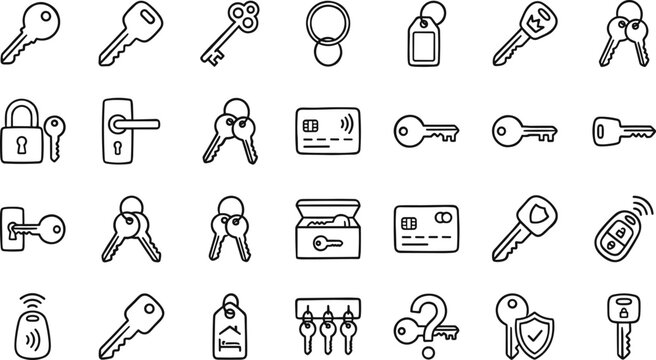 Locksmith And Security Access Icons Set Featuring Classic House Keys Padlocks Smart Cards Keychains And Car Fobs For Property Protection Vector Illustration
