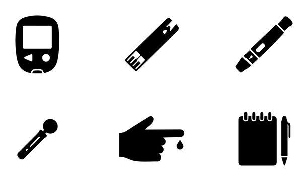 Diabetes, medical icons, black, vector set, health symbols