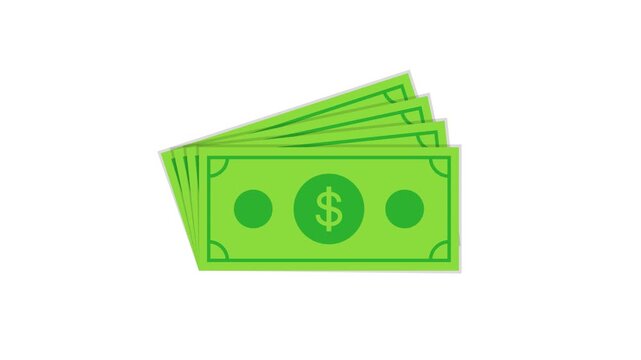 Green dollar bills animation, flat abstract cash paper money bills layout isolated on plain white background 4K resolution stock video