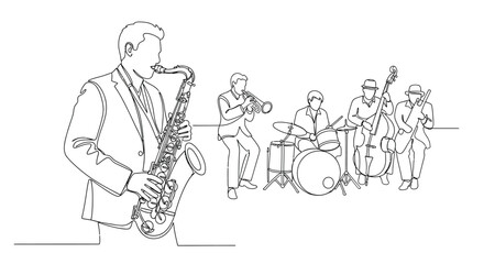 Obraz premium Jazz band performing with instruments continuous line drawing silhouette