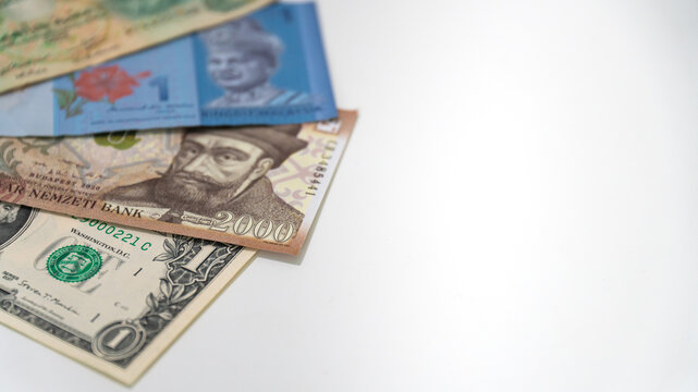 Global Currency Collection Featuring US Dollar, Hungarian Forint, Malaysian Ringgit, and UAE Dirham