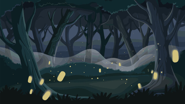 Enchanted dark forest landscape illustration with glowing fireflies and mystical atmosphere
