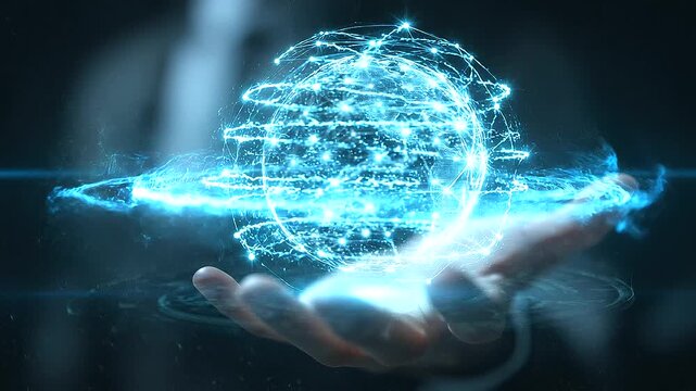 A professional futuristic close-up of a businessman&rsquo;s hand hovering beneath a glowing translucent digital wireframe sphere, dark modern office, global tech concept, innovation and data visualization.