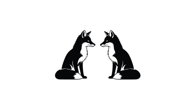 Two foxes facing each other black and white silhouette