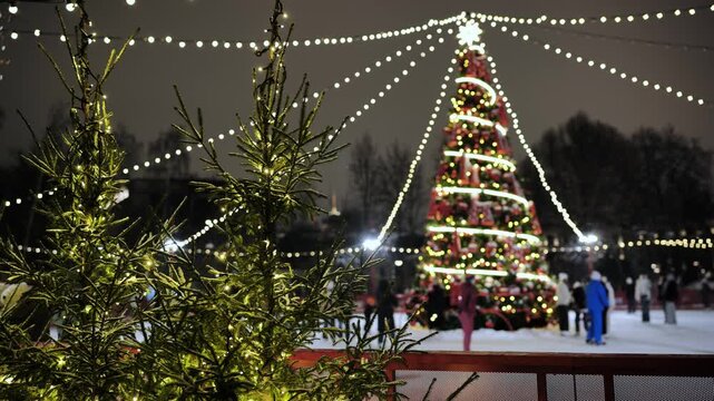 Christmas tree and ice rink lights illuminating a winter holiday celebration at night
