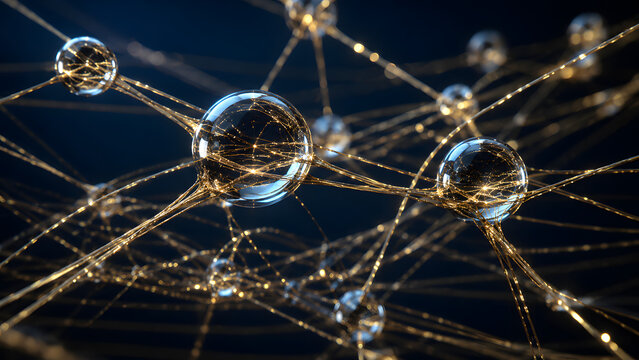 Abstract neural network concept with golden threads connecting glowing glass spheres on a dark background.